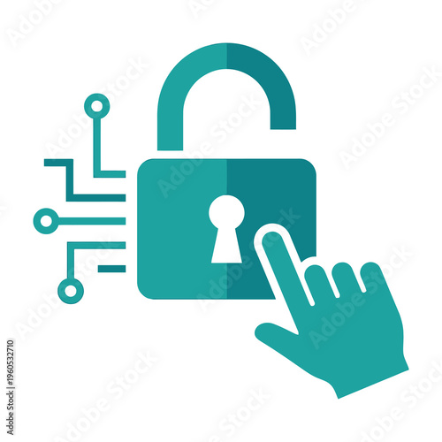 Secure lock icon with hand interaction and circuit elements