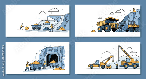 Set of four illustrations depicts heavy machinery and miners working in various phases of an underground mining operation.