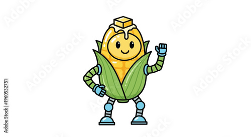 A cheerful animated corn cob character with robotic limbs and melting butter topping, presenting a