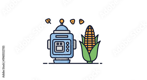 Modern farming innovation featuring robotic technology alongside a harvested corn crop illustration