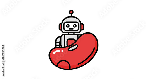 Charming android character in a vibrant red bean pod illustrates playful artificial intelligence