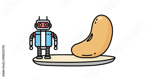 Whimsical robot character observes an unusually large bean in a charming minimalist digital