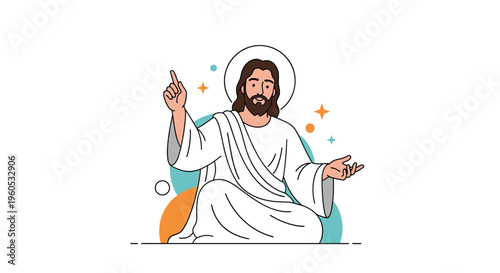 Religious illustration depicts Jesus Christ wearing a traditional white robe while gesturing and pointing toward the heavens.