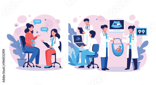 Comprehensive medical illustration shows various stages of pregnancy care including doctor consultations and newborn exams.