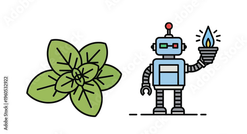 Vibrant plant foliage juxtaposed with a friendly robot holding a luminous torch, symbolizing