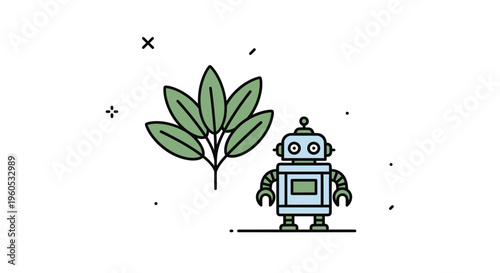Minimalist illustration blending natural plant elements with advanced robotic design for future