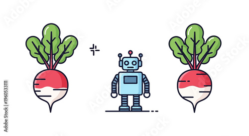 A cheerful robot stands between two vibrant radishes in a playful, modern flat design illustration