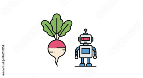 Vibrant vector illustration featuring a fresh garden radish alongside a friendly futuristic robot