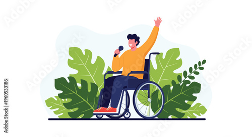 Happy man in a wheelchair holds a microphone and sings with joy while surrounded by large green tropical leaves and plants.