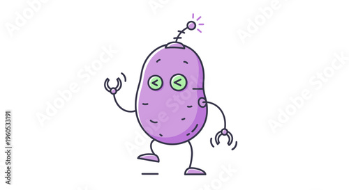 Playful purple potato robot character with glowing antenna and engaging mechanical arms futuristic