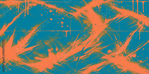 Abstract vibrant streaks of orange dance across a turquoise canvas in an abstract expressionist display of energy and movement. It is a dynamic work of art.