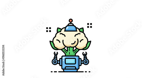 Whimsical Cauliflower Robot Character Symbolizing Eco-Friendly Agritech Automation and Future