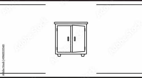 Minimalist line art illustration of a small two-door cabinet, with one door slightly open,