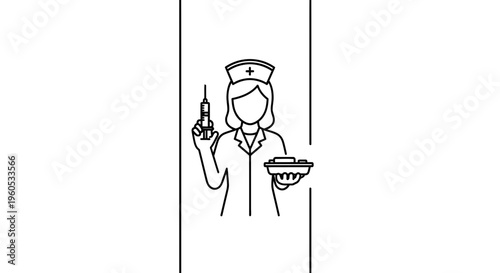 Outline illustration of a dedicated healthcare professional holding medical tools and a patient tray