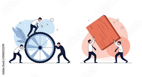 Corporate team members demonstrate effective collaboration by pushing a large gear and a heavy block toward a common goal.