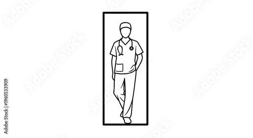 Clean line art depiction of a dedicated healthcare professional in full uniform ready for service