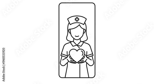 Minimalist line art illustration of a kind female nurse holding a heart, symbolizing compassionate