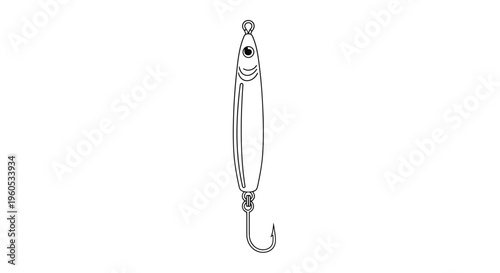 Simple line art vector illustration of a modern fishing lure with a hook for angling hobbies