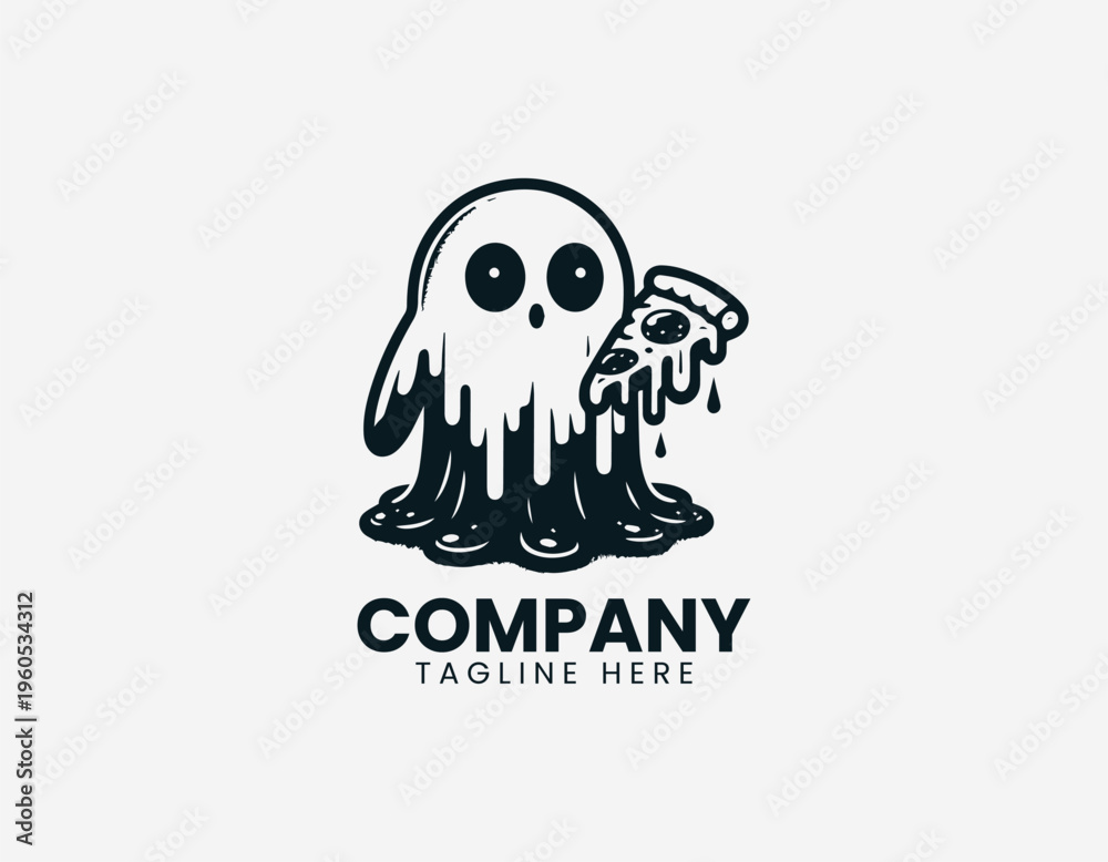Fototapeta premium Cute ghost eating pizza black vector logo illustration isolated on white background
