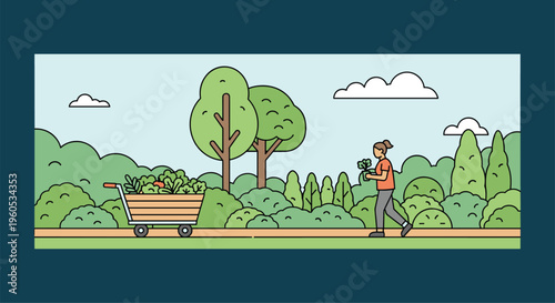 Young woman walks through a lush green garden area next to a wooden cart filled with fresh harvested organic vegetables.