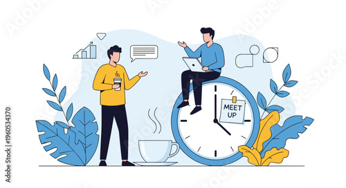 Business partners coordinate an upcoming appointment while sitting on a large blue clock with coffee and a meet up reminder.