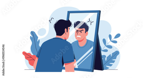Man looks at his own reflection in a large mirror and sees an angry version of himself representing internal conflict or rage.