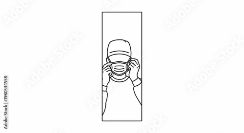 Minimalist monochrome illustration of an individual diligently adjusting a protective facial
