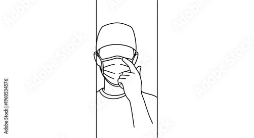 Outline graphic showing an individual adjusting a protective facial covering to ensure proper