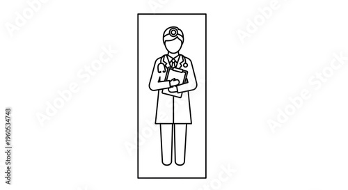 Minimalist line art depicting a professional physician equipped with a stethoscope and patient