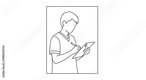 Minimalist line art illustration of a healthcare professional writing a medical prescription or