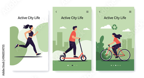 Mobile application screens promote an active city life by showing users running, riding an electric scooter, and cycling.