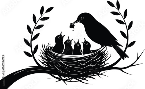 A dedicated parent bird arrives with a morsel for its four eager chicks