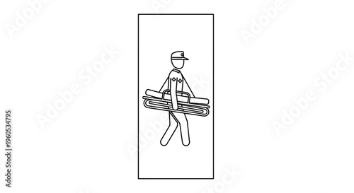 Outline drawing featuring a uniformed individual carrying a portable medical stretcher for