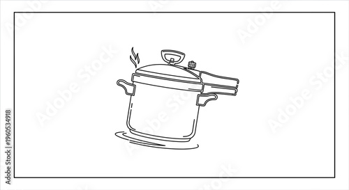 Minimalist continuous line art drawing of a kitchen pressure cooker releasing steam during cooking