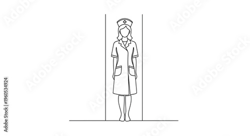 Minimalist line art illustration of a female nurse standing upright, representing medical care and