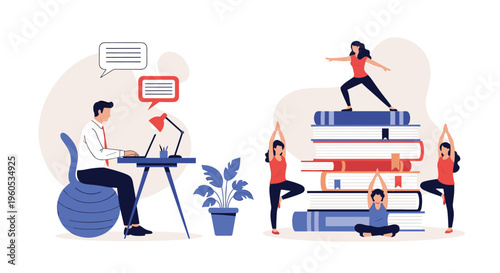 Contrast between a man working at a desk and people practicing yoga on a stack of books illustrates work life balance needs.