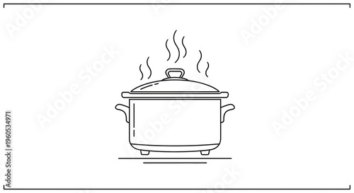 Minimalist black and white line art of a steaming cooking pot on a stovetop ready for a delicious
