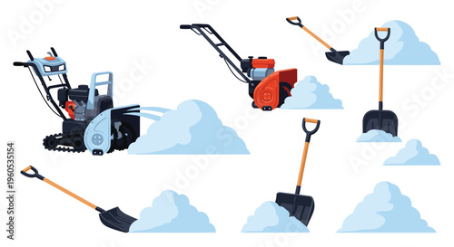 Selection of winter maintenance tools features different types of snow shovels and powered snow blowers for clearing paths.