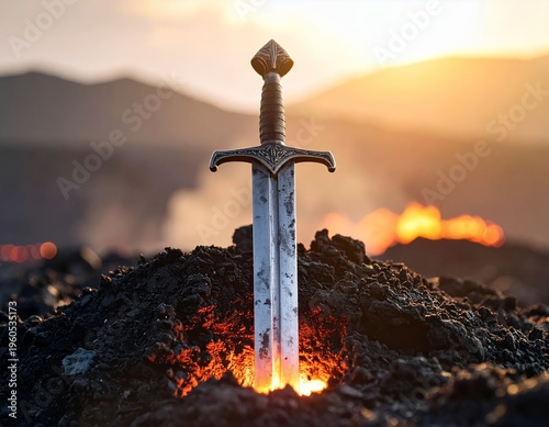 Ancient Sword of Power Embedded in Fiery Volcanic Earth at Sunset.