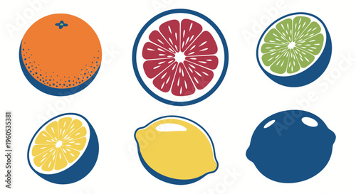 Vibrant Citrus Fruits Collection: Orange, Grapefruit, Lime, Lemon, and Blue Fruit
