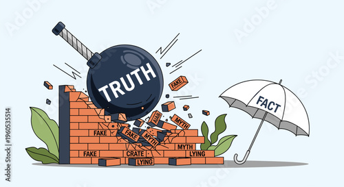 Large wrecking ball labeled truth destroying a brick wall made of lies and myths while facts provide reliable protection.