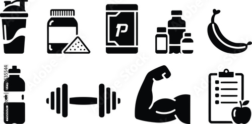 A diverse collection of black silhouette icons representing fitness and nutrition elements