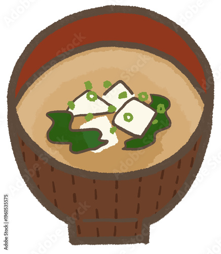 木のお椀に入った豆腐とわかめの味噌汁、シンプルで可愛くデフォルメされた手描き風のイラスト