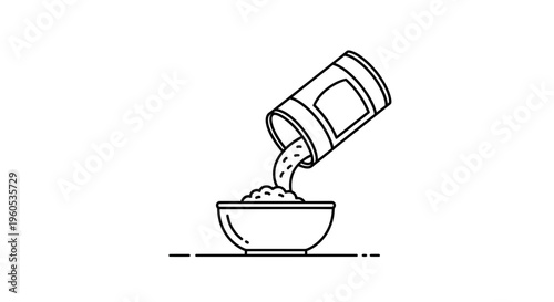 Minimalist line art illustration of granular ingredients being poured into a bowl for cooking or
