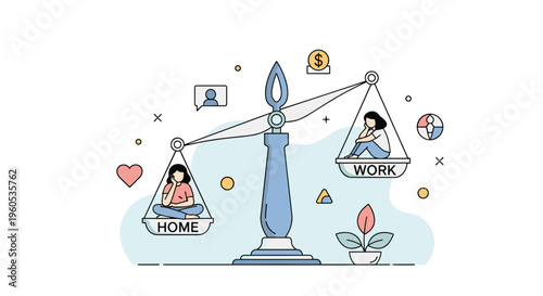 Conceptual illustration showing the struggle of balancing work and home life on a large scale with a very stressed woman.