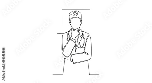 Minimalist line art of a thoughtful doctor with a stethoscope in medical attire contemplating