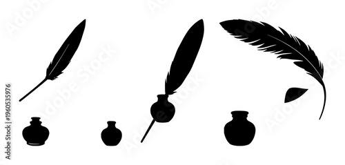 Quill and inkpot silhouette set with simple line art design featuring line art, illustrations, graphic resources with vector and design elements