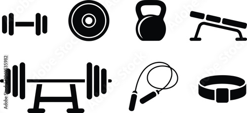 A diverse collection of essential gym equipment black silhouettes including dumbbells, a barbell, and a kettlebell