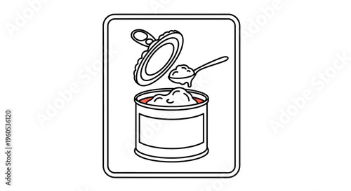 Simple black and white line art illustration showing an opened food can and a spoon serving portion
