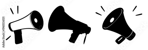 Bullhorn icon set with flat vector design featuring bold outlines, solid black, white background with marketing symbol and communication